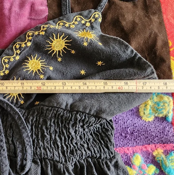 Large Medium Black and Gold Embroidered Women's Dress Celestial Sun Star Maxi - Picture 7 of 9